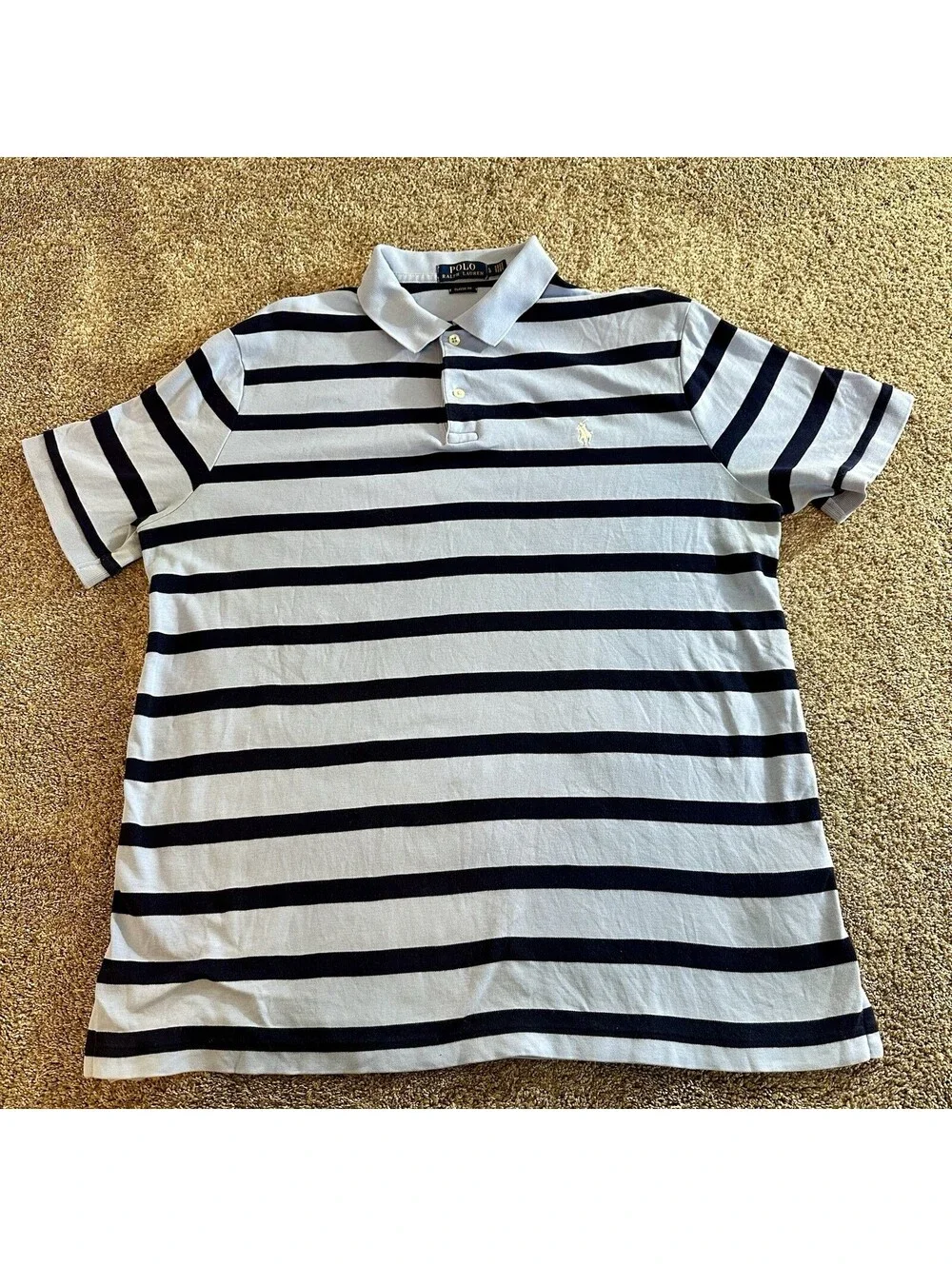 Polo by Ralph Lauren Mens L 100% Cotton Shirt Blue Light Blue Stripes Pony Golf